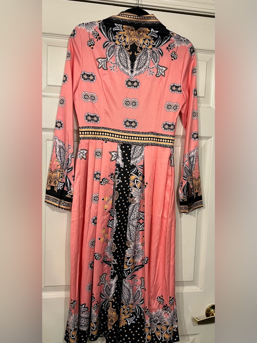 Coral Print Button-Front Midi Shirt Dress with Black Trim - Picture 3 of 4
